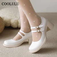 coolulu mary janes shoes women high heels square heel pumps buckle round toe dress footwear ladies 2021 spring white big size 42