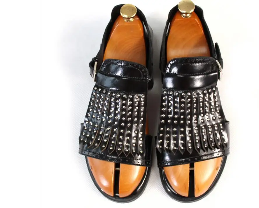 Сандалии мужские из натуральной кожи босоножки с заклепками бахромой и открытым