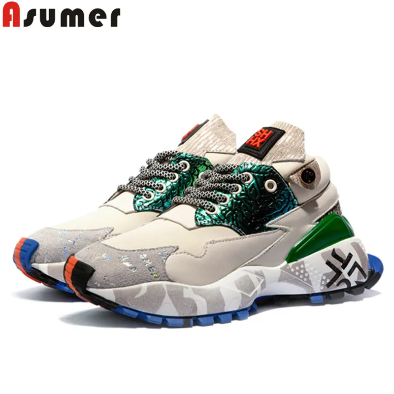 Женские кроссовки на плоской платформе ASUMER разноцветные из натуральной кожи