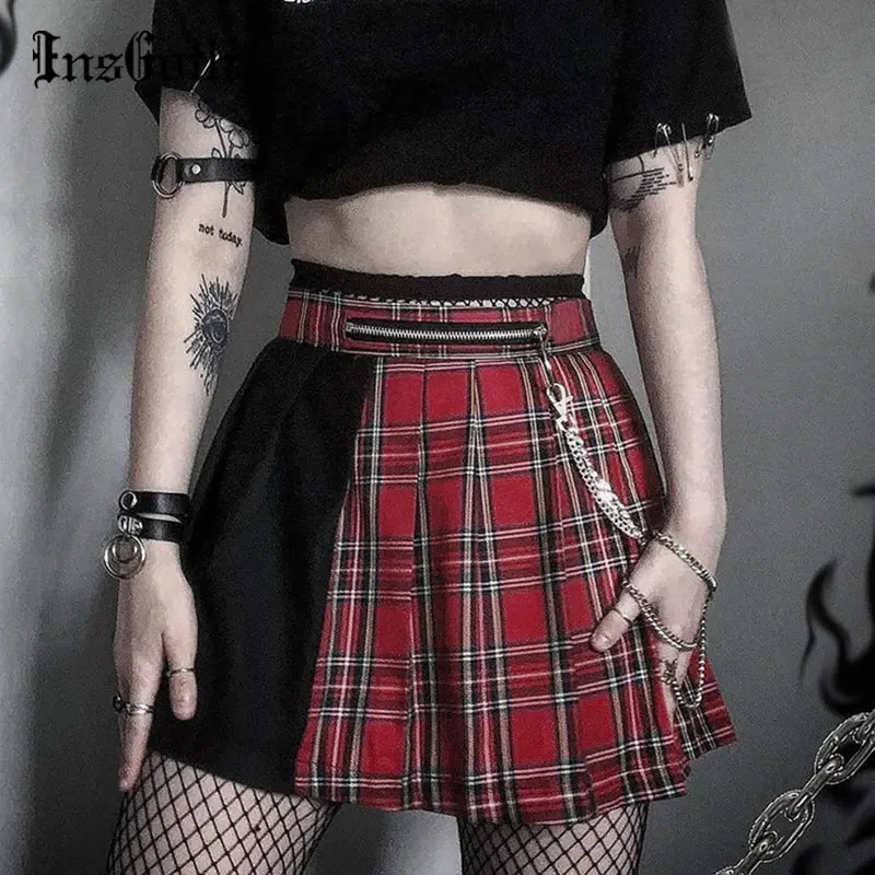 

InsGoth Goth Punk Red Plaid Pleated Skirt Streetwear Fashion Chain High Waist Mini Skirts Harajuku Black Patchwork E Girl Skirt