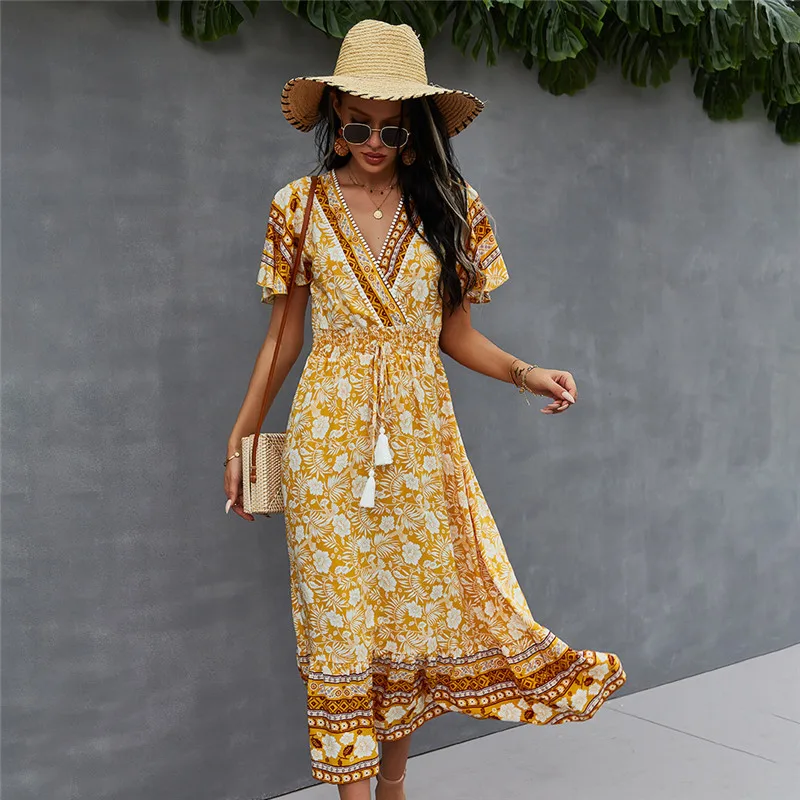 

Spring Women 2021 Casual V Neck Tassel Bandage Print Dress Ladies Holiday Style Summer Dresses New Bohemian Floral Dress