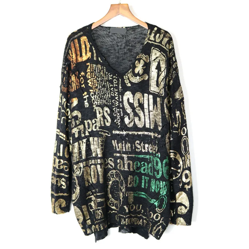 Street wear Letter Printed Long Knitted Wear Tops Women Metallic Color V neck Sweater Plus Size Loose Tunic | Водолазки