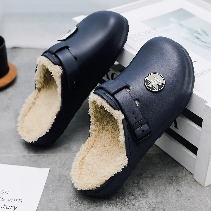 

NEW Winter Men Waterproof Mule Clogs PU Warm Fluffy Cotton Indoor Shoes Buckle Slides Footwear Home Slippers Plus Size 40-45