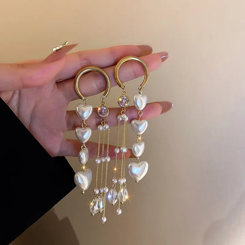 

New Fashion Imitation Pearl Long Tassel Heart Butterfly Zircon Drop Earring For Women Dangle Earring Charm Jewelry Gift