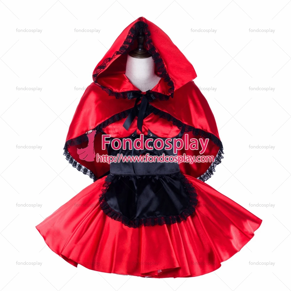 fondcosplay adult sexy cross dressing sissy maid short red satin dress black apron cape Uniform costume Tailor-made[G2329] |
