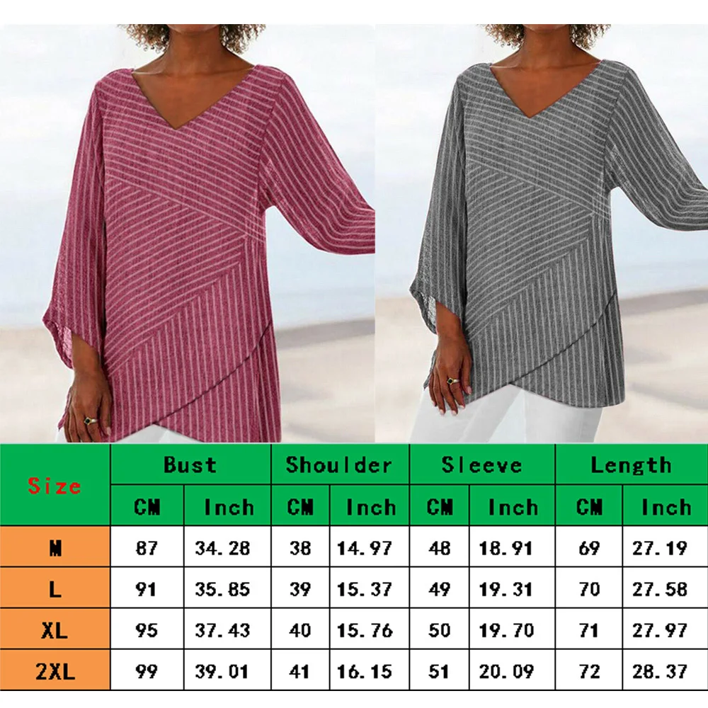 

Striped Blouse V Neck Baggy Tops Loose For Women Long Sleeve Irregular