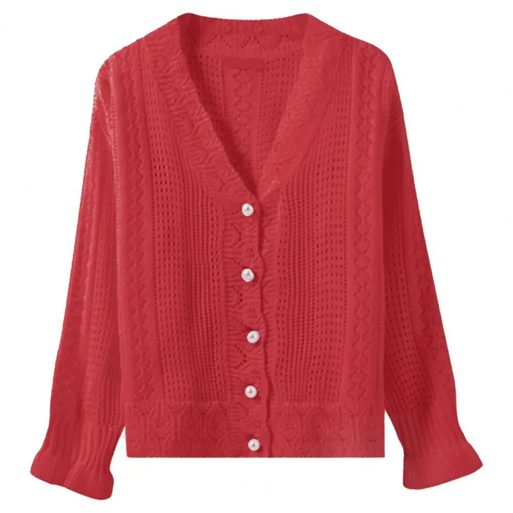 

Loose Women Sweater Cardigan Solid Color V Neck Long Sleeve Single-breasted Autumn Winter Hollow Ladies Knitted Coat Outwear