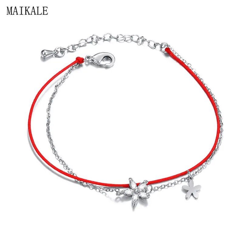 Женский браслет цепочка MAIKALE красный из фианита с подвесками в виде цветов