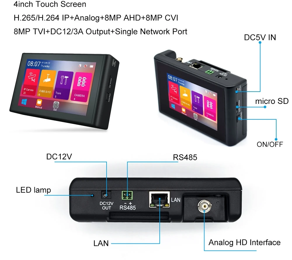 4 Inch 4K HD IP CCTV Tester Monitor AHD CVBS CVI TVI 8MP Camera Testing WIFI PTZ POE 48V Out