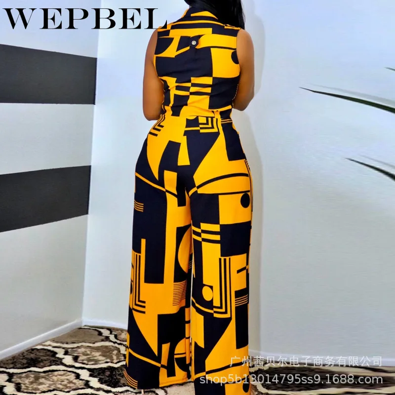 

WEPBEL Women Elegant Patchwork Loose Playsuit Ladies Casual Jumpsuit Sleeveless V Neck Print Romper Wide Leg Pants Overalls