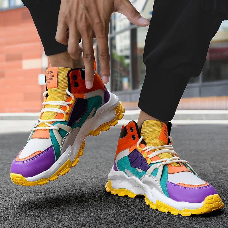 Spring Colorful Splicing Men's Running Shoes Fashion High Top Chunky Sneakers Men Sports Shoes Breathable Outdoor Mens Trainers