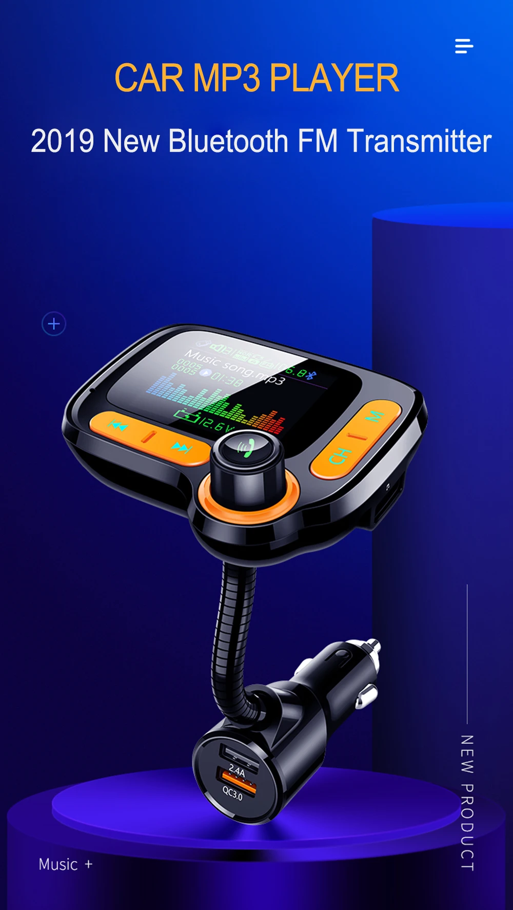 JINSERTA QC3.0, зарядное устройство, режим эквалайзера, автомобильный Bluetooth 5,0, fm-передатчик, громкая связь, 1,77 дюймов, TFT цветной экран, автомобильный комплект, поддержка AUX/TF/U диска