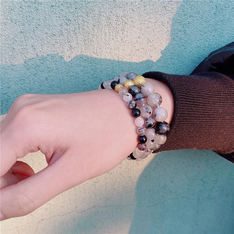 

Fashion 6mm 8mm 10mm Black Rutilated Quartz Beads Bracelet Round Tourmaline Beaded Gold Color Ball Charm Bracelet for Women Men