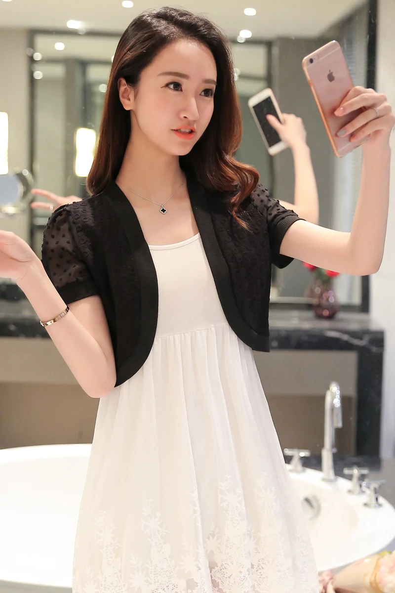 Женский весенне-осенний кардиган короткая кружевная куртка черного и белого