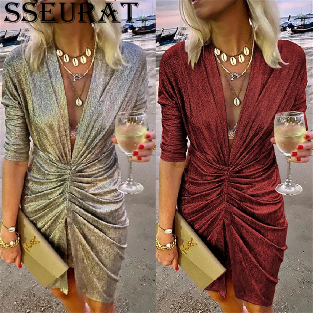 

SSEURAT Sexy Glitter Bodycon Dress for Women V-Neck Ruched Sheath Night Party Wrap Dress Elegant Club Wear Mini Dress
