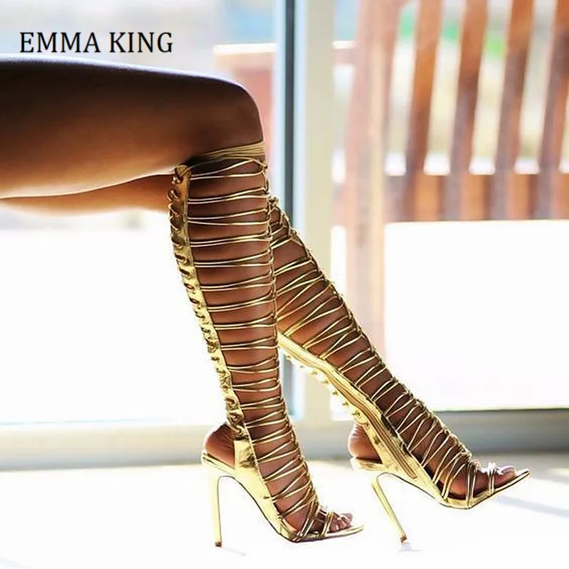 

Sexy Women Gold Lace-up Gladiator Sandals Boots Female Cuts Out Thin Heels Summer Boots Cross Tie Knee High Strappy Sandels 2020