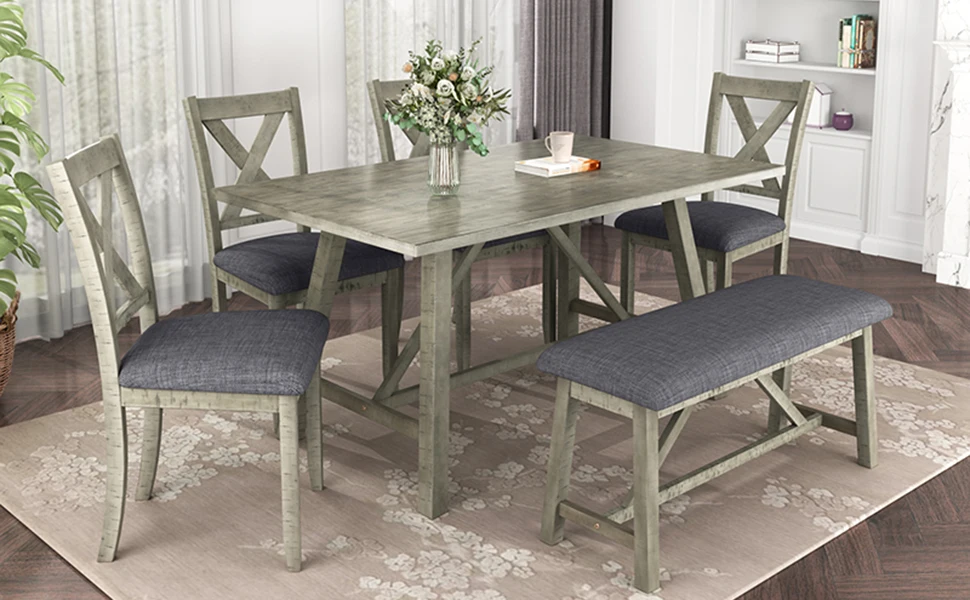 

6 Piece Dining Table Set Wood Dining Table and chair Kitchen Table Set with Table, Bench and 4 Chairs