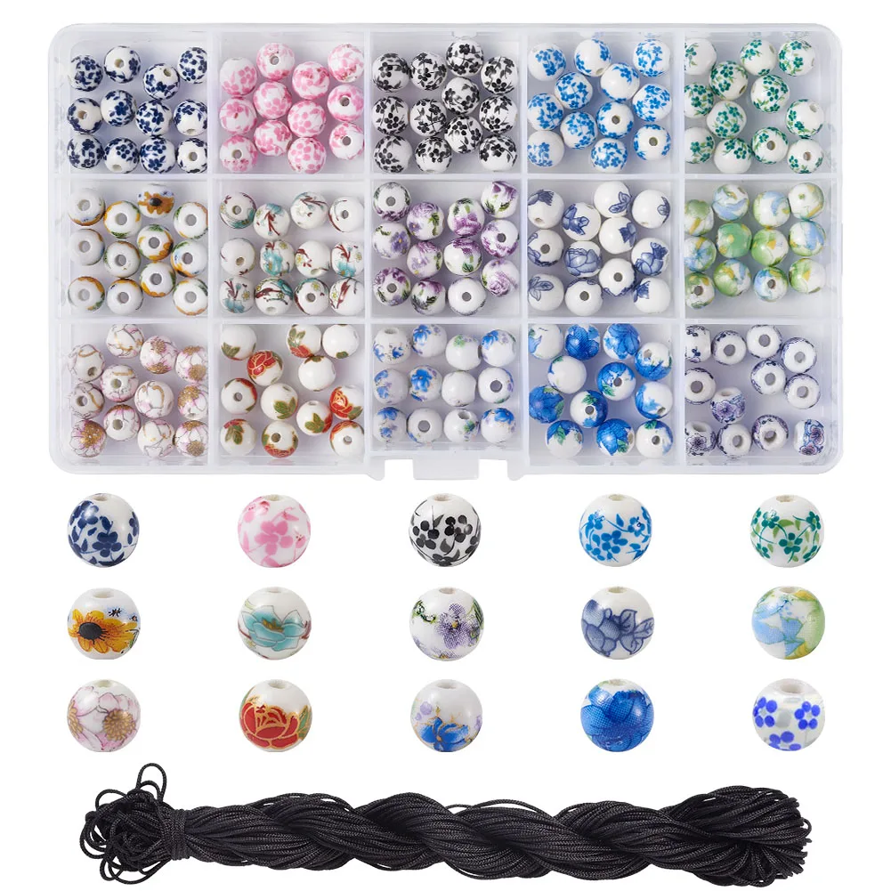 

180pcs/box 8mm Mixed Color Handmade Printed Porcelain Beads with Nylon Thread Nylon String for DIY Beading Jewelry Making