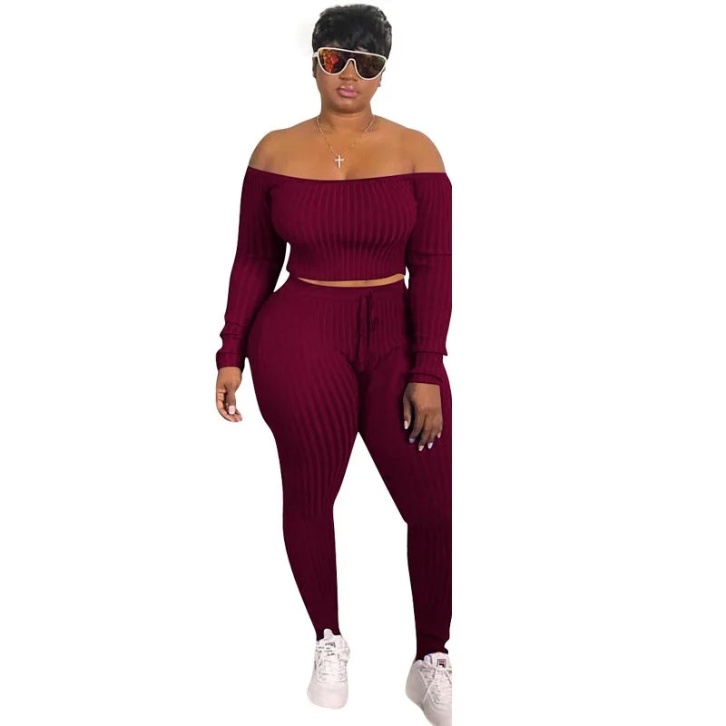 2021 Knitted Ribbed Sportswear Ladies Sweatshirt Suit 2 Piece Set Long Sleeve Off-shoulder Crop Top Pants Plus Size |
