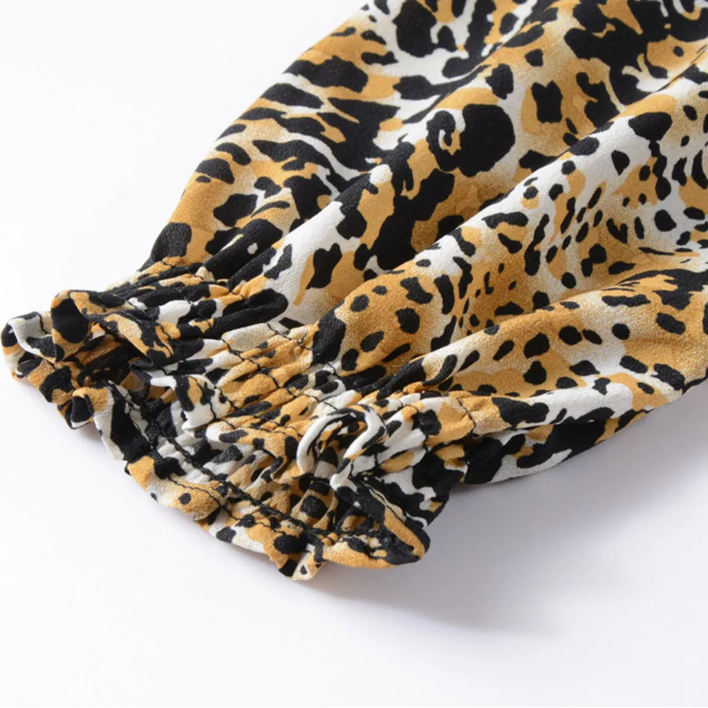 

Blouse Women New Fashion Autumn Ruffle Casual V-neck Leopard Print Chiffon Shirt Wooden Long Sleeve Top