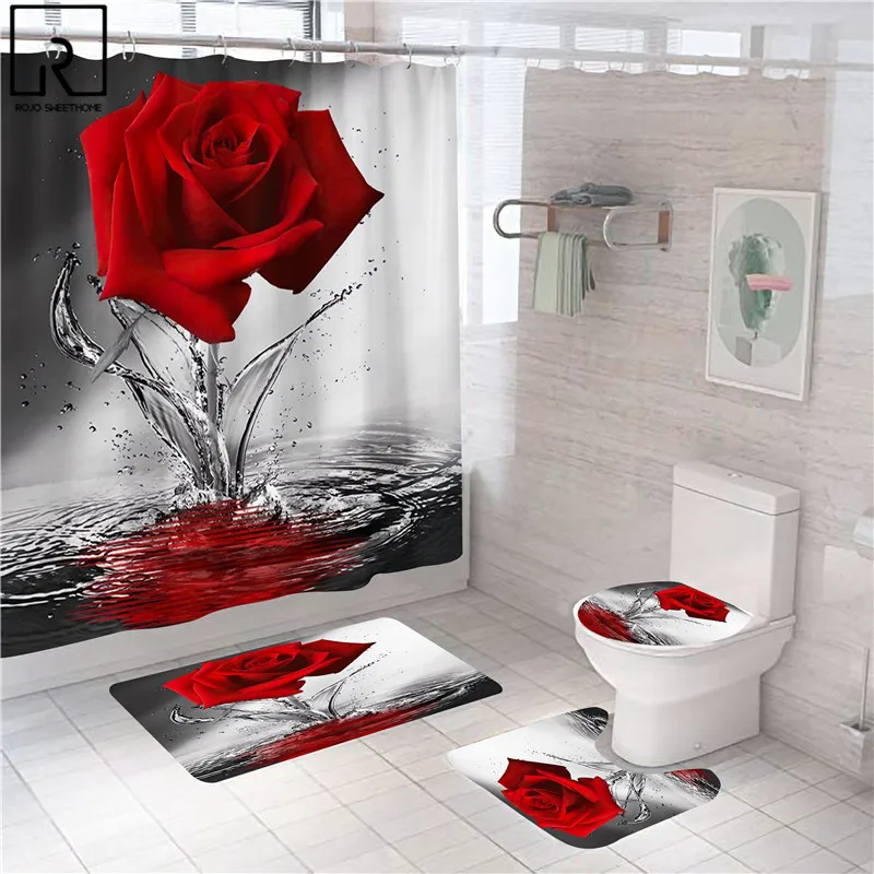 blue red pink rose print shower curtain with hooks bathroom mat set anti slip soft bath carpet lover valentines home decoration free global shipping
