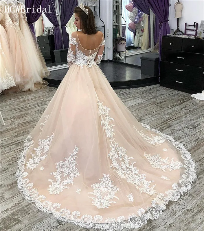 

Unique Champagne Long Sleeves Lace Wedding Dresses Sweep Train A Line Newest Arabic Bridal Dress Vestido De Casamento Cheap