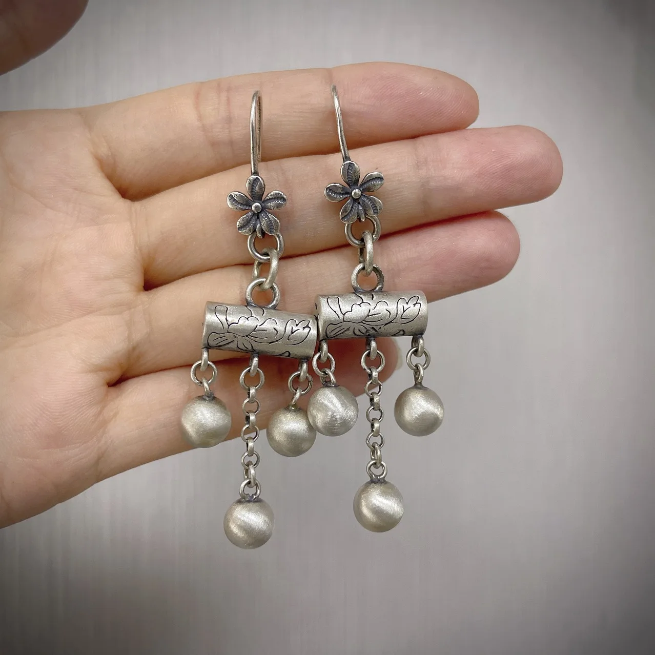 

925 Sterling Silver Geometric Small Flower Tassel Earrings For Women Retro Ethnic Lotus Long Hanging Earrings Jewelry EH049
