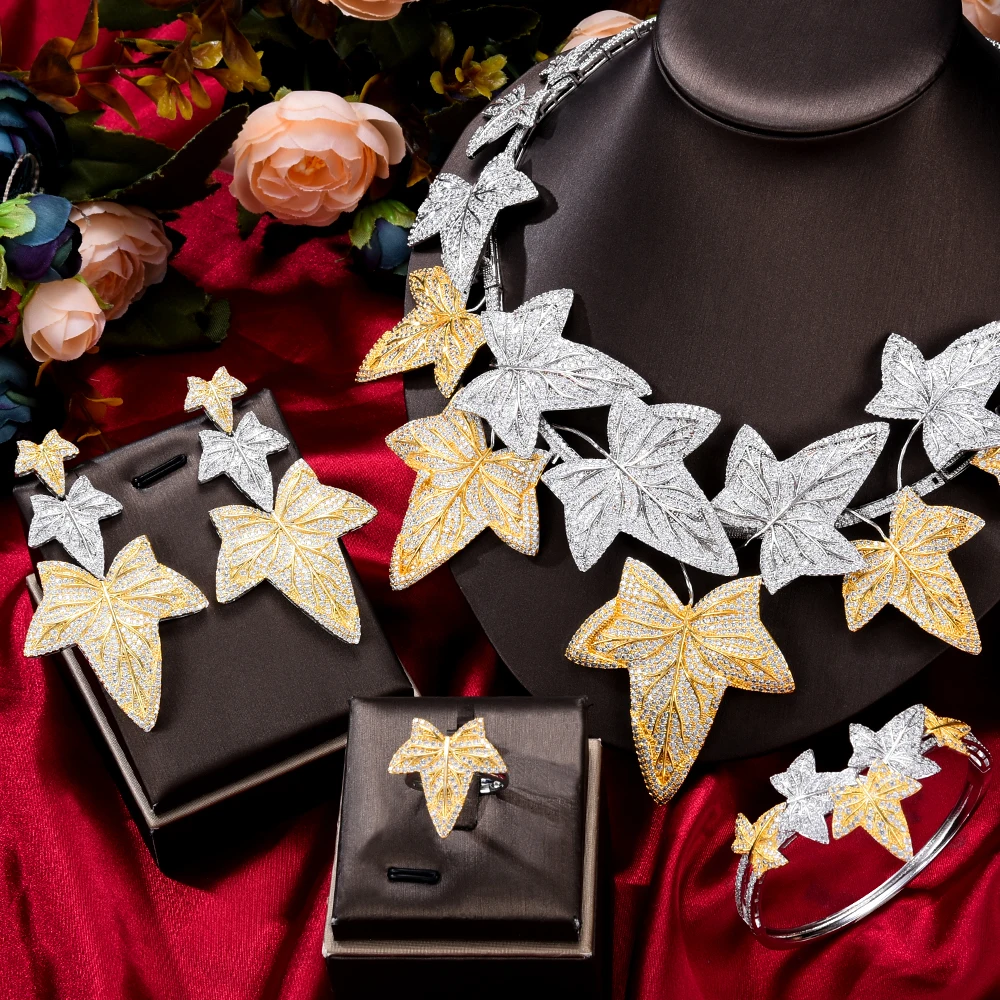 

GODKI 4PCS Luxury Pumpkin leaf Flower African Jewelry Set For Women Wedding earings fashion jewelry 2020 indian jewelry Sets