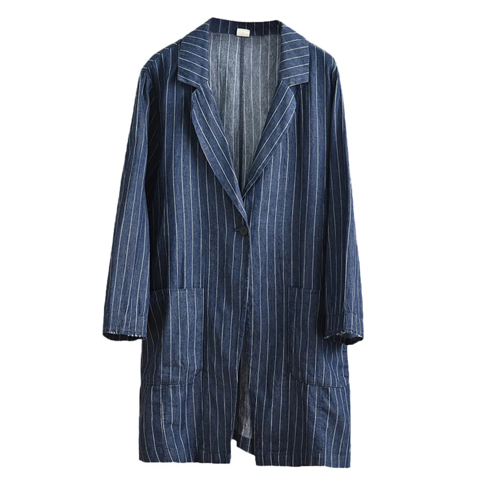 

Vintage Women Long Sleeve Indigo Stripe Blazer Elegant Loose Coat Ladies Notched Cotton Casual Jacket Oversize One Buckle