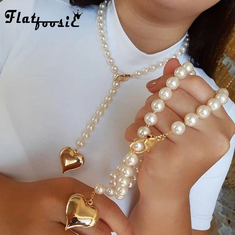

Flatfoosie New Fashion Imitation Pearl Choker Necklaces For Women Simple Gold Color Heart Pendant Necklace Party Jewelry Gifts