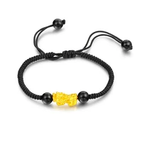 pure 24k yellow gold wealth dragon pixiu with black cord bracelet woman man best gift