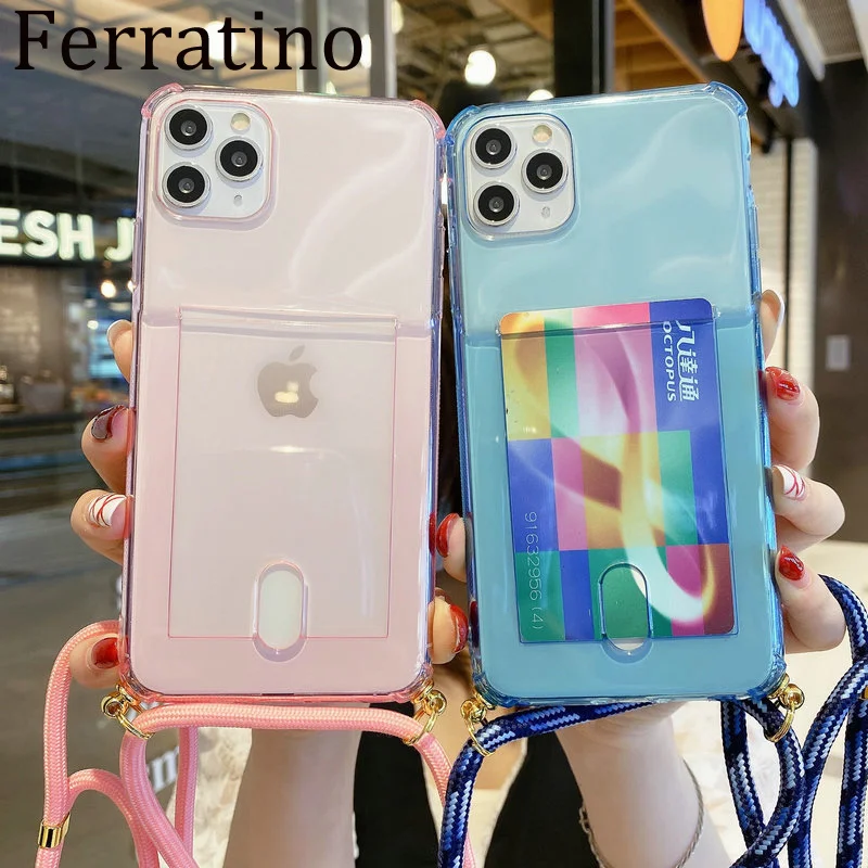 Флуоресцентный розовый прозрачный чехол со слотом для карт и ремешком iPhone 11 XR 11Pro