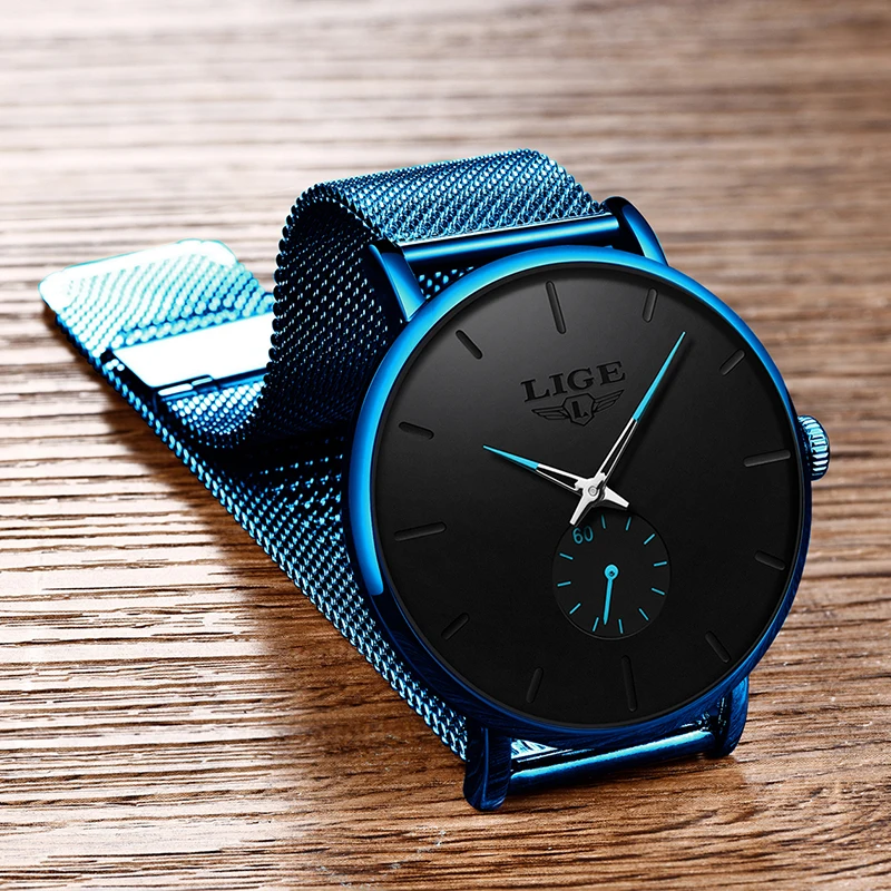 LIGE модные мужские часы водонепроницаемые тонкий сетчатый ремешок