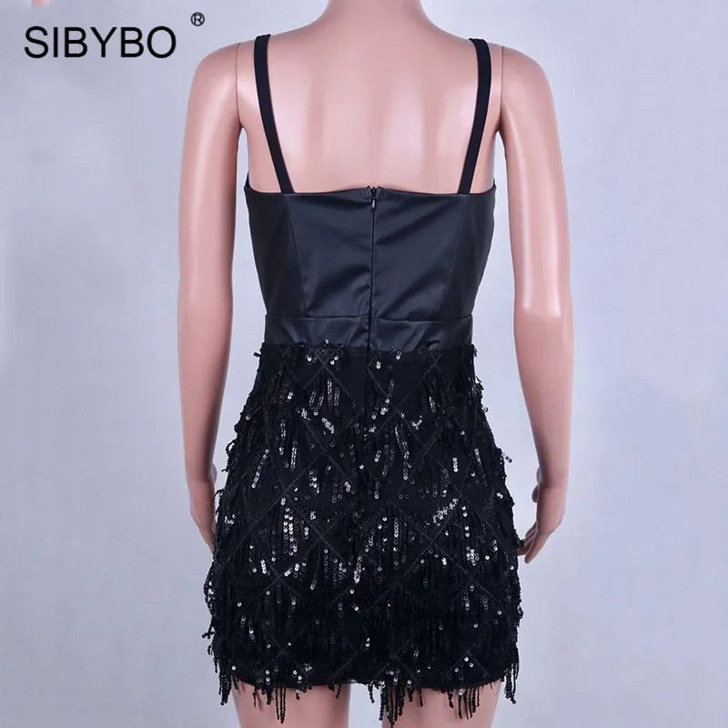 Sibybo, пэтчворк, с блестками, с кисточками, вечерние, без рукавов, на тонких бретелях, Мини, летнее, женское платье, с открытой спиной, сексуальное, короткое