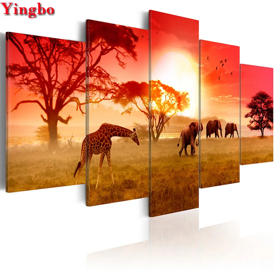 

5 pcs set giraffe elephant diamond embroidery full round square diy diamond painting Sunset scenery cross stitch mosaic kit