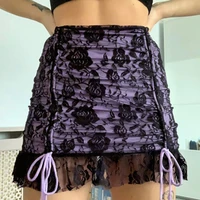 lace patched skirts side split y2k mini skirts women fashion rose lace drawstring high waist frill ruched a line mini dress