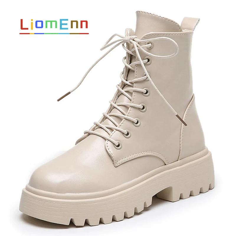 

Women's Ankle Boots 2021 Punk Gothic Black Beige Short Fur Combat Boots Woman Shoes PU Leather Lace Up Winter Autumn Size 35-42