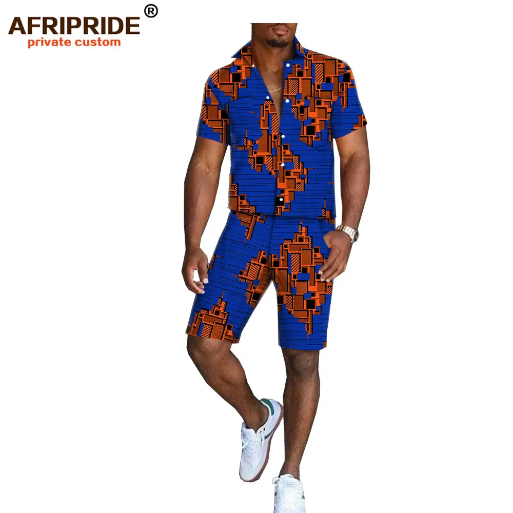 Африканский принт, летние шорты, набор для мужчин, AFRIPRIDE, короткий рукав, однобортный Топ+ шорты до колен, повседневный комплект A1816006 - Цвет: 518