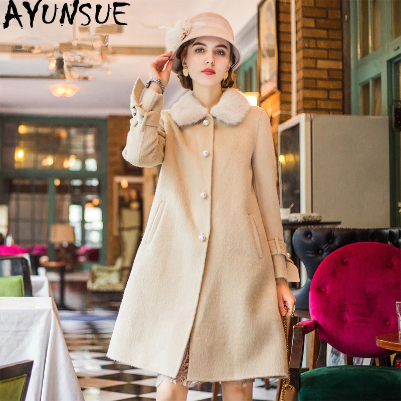 

AYUNSUE пальто из натуральной шерсти, Женская куртка с меховым воротником из меха норки, альпака, зимняя куртка, женские двухсторонние шерстяны...