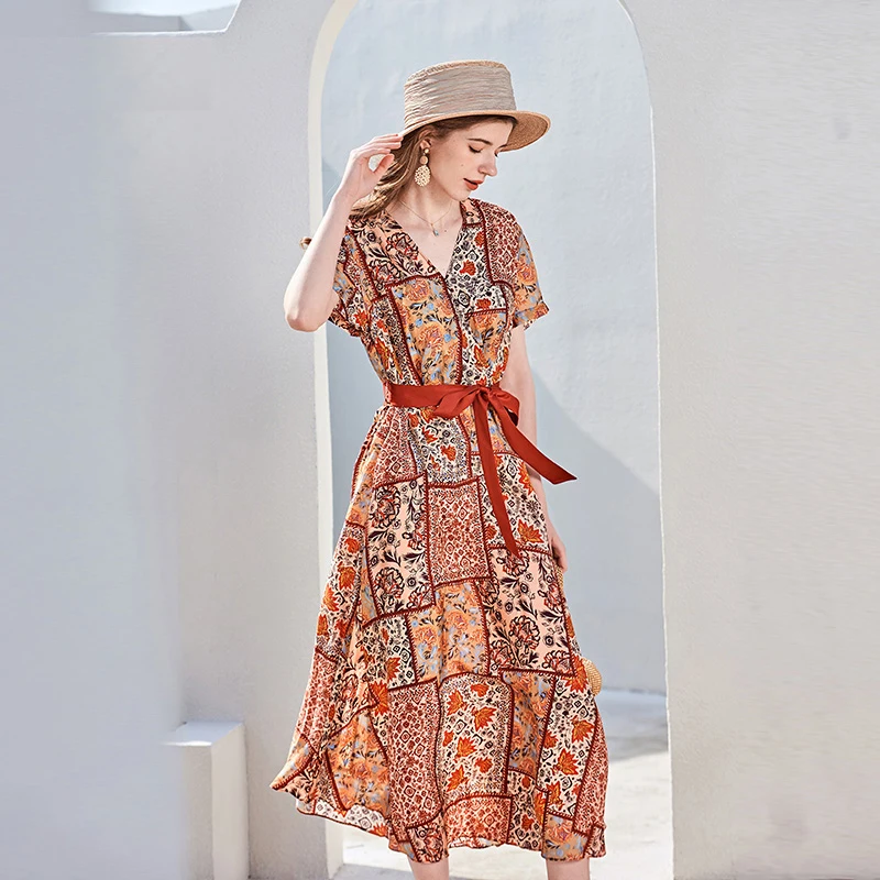 

100% Silk Women's Runway Dresses Sexy V Neck Short Sleeves Floral Printed Sash Bow Belt Fashion Casual Mid Summer Holiday Dresse