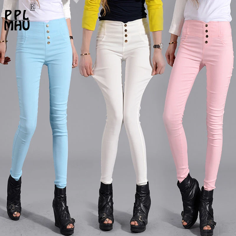 Новые весенние и летние узкие брюки с высокой талией ярких цветов Стрейчевые