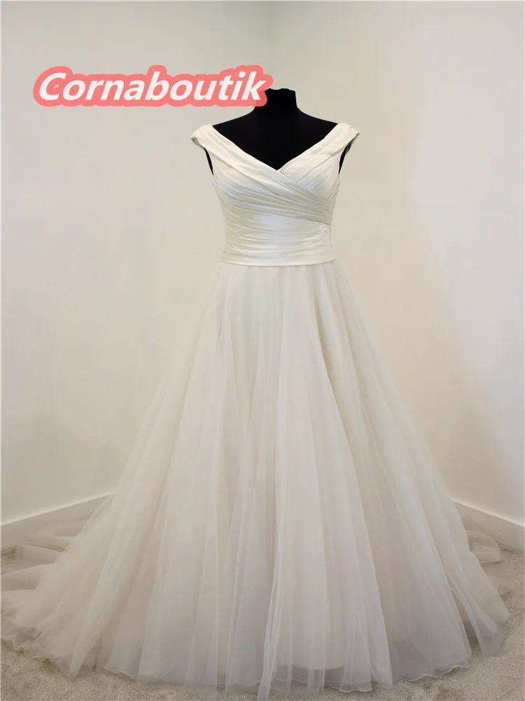 

A Line Wedding Dress Off the Shoulder V BACK Sleeveless Tulle Pleated Satin Bodice Bridal Gowns Organza Custom Made Casamento