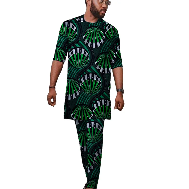 

African Print Shirt With Pant Men's Sets Half Sleeve Tops+Trousers Male Nigerian Fashion Outfits Customized