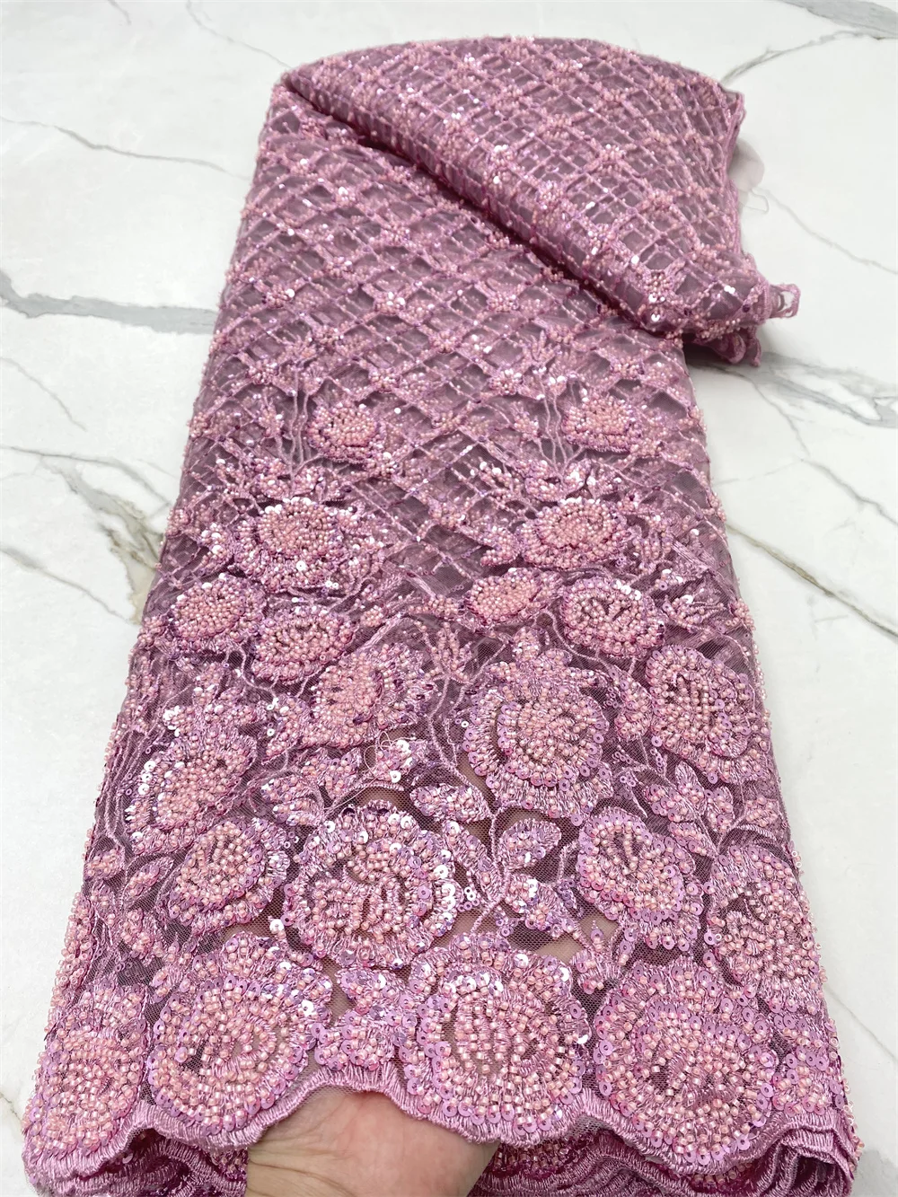 

Heavy Sequence Lace Fabrics Nigeria Lace 2022 Embroidery Mesh Lace Fabric 3D Beaded African Wedding Lace Fabric 4690B