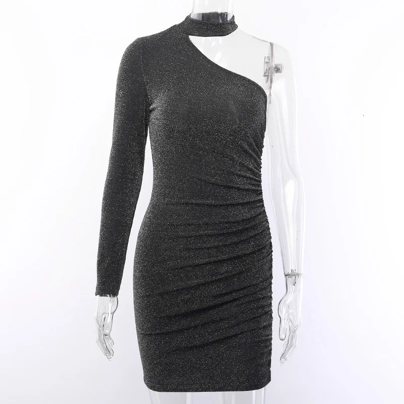 Женское облегающее платье Fuedage черное клубное мини на одно плечо с блестками и