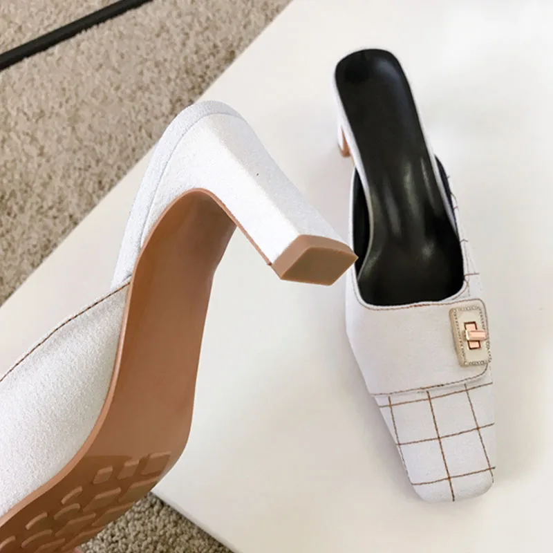 

New Brand High Heels Slippers Square Toe Slip On Elegant Mule Shoes Outdoor Leisure Plaid Ladies Sandal Shoes Mujer 2021 New