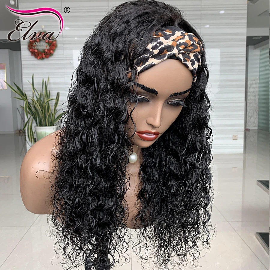 Elva Hair 100% Human Hair Headband Scarf Wig Water Wave Human Hair Wig No plucking wigs for womenNo Glue & No Sew In More hairs