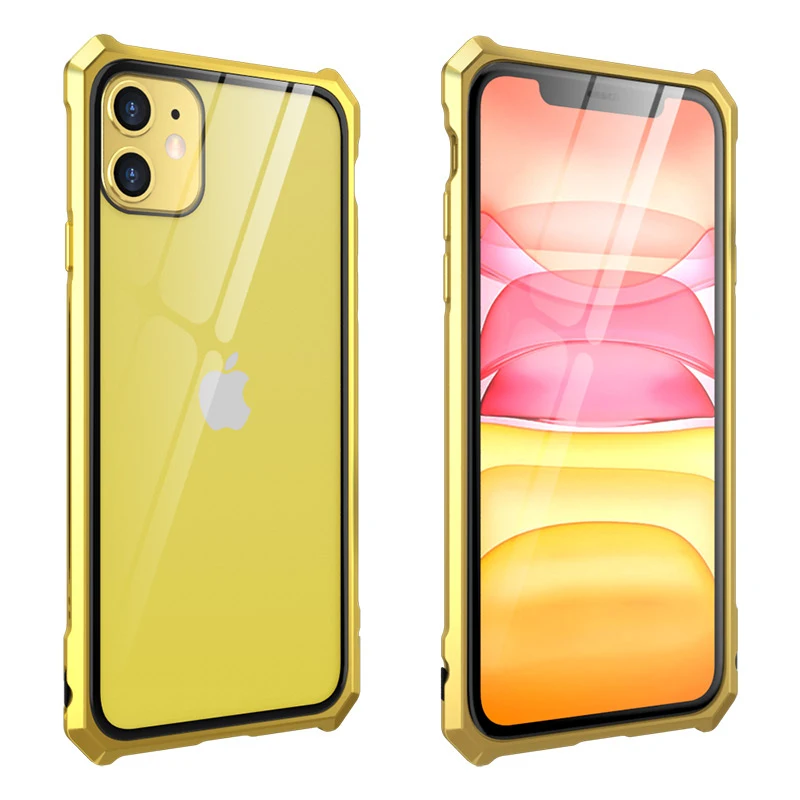 2019 New Phone Case For iPhone 11 Pro Max Snap Button Original Aluminum Metal Frame Bumper Tempered Glass Back Full Cover Funda |
