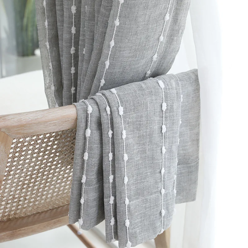 Grey Nordic Linen Screens Curtain Vertical Stripes With Cotton Ball Tulle for Living Room Cortinas Rideaux S230&ampC | Дом и сад