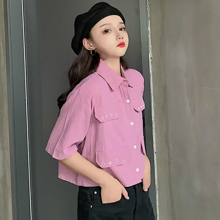 

chemisiers et blouses femme blusas mujer de moda turn-down collar patchwork summer harajuku short tops Women's Clothing Shirts